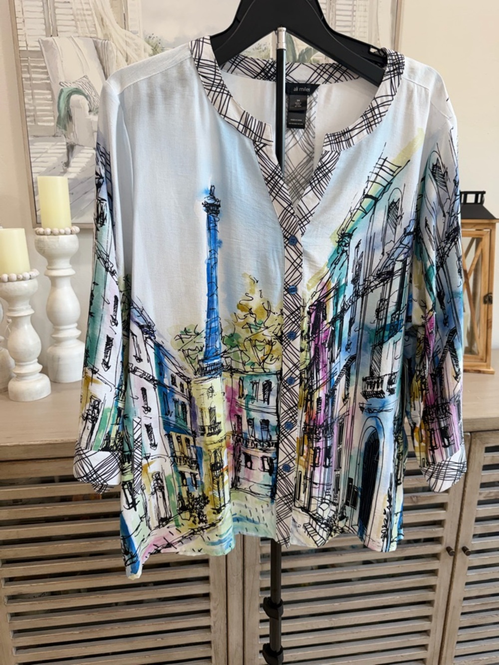 Ali Miles White Watercolor Paris Cityscape Button-Down Blouse